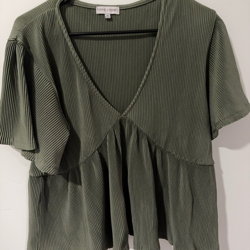 Olive Green V-Neck Pleated Top